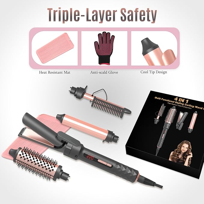 4-in-1 Curling Iron Set for Long Hair, Fast Heating Ceramic Ionic Hair Curler, Flat Iron & Hot Brush Combo, Frizz-Free Styling Tool with Dual Voltage for Home & Travel