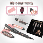 4-in-1 Curling Iron Set for Long Hair, Fast Heating Ceramic Ionic Hair Curler, Flat Iron & Hot Brush Combo, Frizz-Free Styling Tool with Dual Voltage for Home & Travel