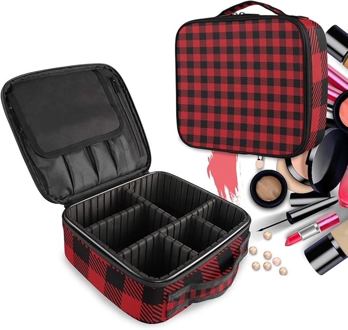 ALAZA Travel Makeup Case, Black and Red Lumberjack Plaid Cosmetic toiletry Travel bag for Women Girls