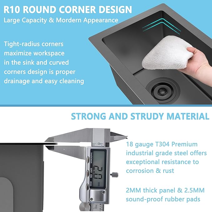 10 inch Bar Sink Undermount, 10x18 inch Small Bar Sink Gunmetal Black - Image 5