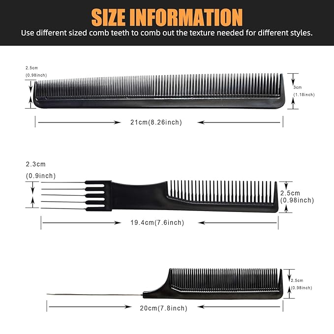 Professional Hair Comb Set 6-Piece – Barber & Salon Hair Cutting and Styling Combs Kit – Fine & Wide Tooth, Rat Tail & Sectioning Hairdressing Combs for All Hair Types