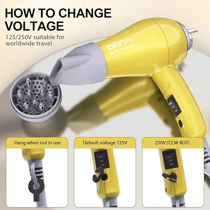 Mini Portable Hair Dryer 1200W, Travel-Friendly, Dual Voltage 125/250V, 2 Speed Settings, Foldable, Lightweight, Two Concentrator & Diffuser Nozzles, Removable Filter