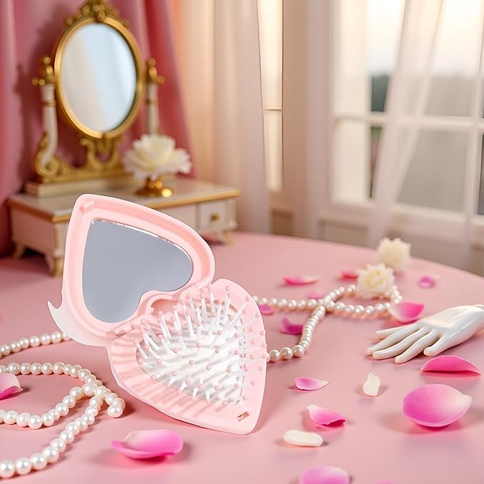 Pink Heart Hair Brush With Mirror, Air Cushion Folding Brush, and Massage Styling Tools for Women and Girls