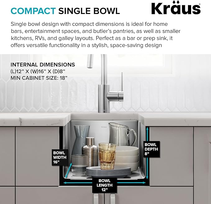 KRAUS Standart Pro 14 -inch Undermount Single Bowl 16 Gauge Stainless Steel Bar - Image 7