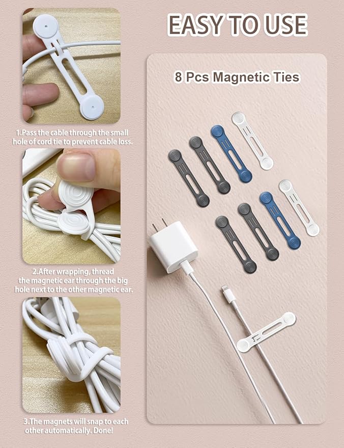 Kanemc 8 Pack Magnetic Twist Ties, Silicone Magnet Cable Tie Reusable Cord Strap - Image 3