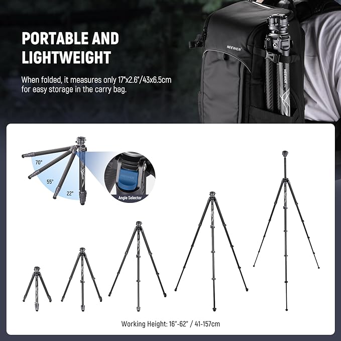 NEEWER LITETRIP LT32 Camera Travel Tripod, Carbon Fiber Portable Stand - Image 5