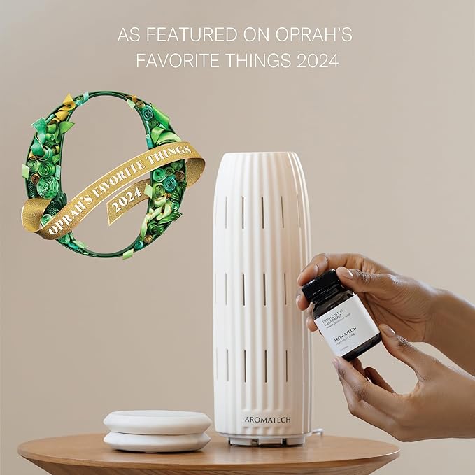 AromaTech Ambience Scent Diffuser for Essential Oil Blends & Fragrances – Waterless Scent Machine w/Bluetooth for Home, Bathroom Boutiques, Hotel, Spa – White Stone with 60 ml Oil