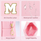 MSQ Personalized Makeup Bag Initial A-Z Patch Bag, PU Leather Cosmetic Bag Pouch Travel Toiletry Bag with Zipper, Gift Ideal for Teen Girls Friend Mom Women Birthday (Pink M)