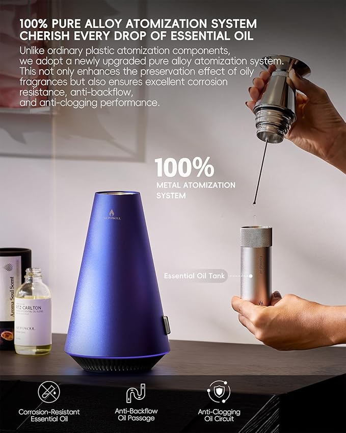 Waterless Scent Diffuser Starter Kit - 1500 Sq Ft Coverage, Alloy Atomization System,Mood Light,Smart Rechargeable Hotel Scent Diffuser, Including 120ml Essential Oil, for Home,Large Room,Spa,Blurple