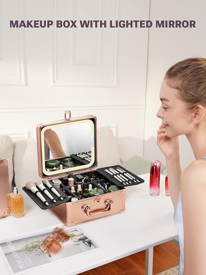 Qislee Makeup Box with A Detachable Lighted Mirror, Waterproof Travel Train Case - Image 6