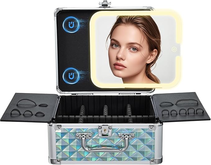 Makeup Case with Magnetic LED Mirror Travel Cosmetic Organizer Portable Makeup by Faquenc