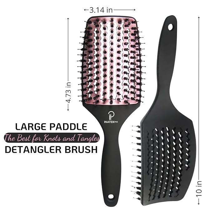 Curved Vented for Blow Drying - Boar Bristle Brush (Large) with Comfortable Handle - Soft Bristle Brush for Thick and Fine Hair - Natural Boar Bristles for Women, Men & Kids - Rose Gold