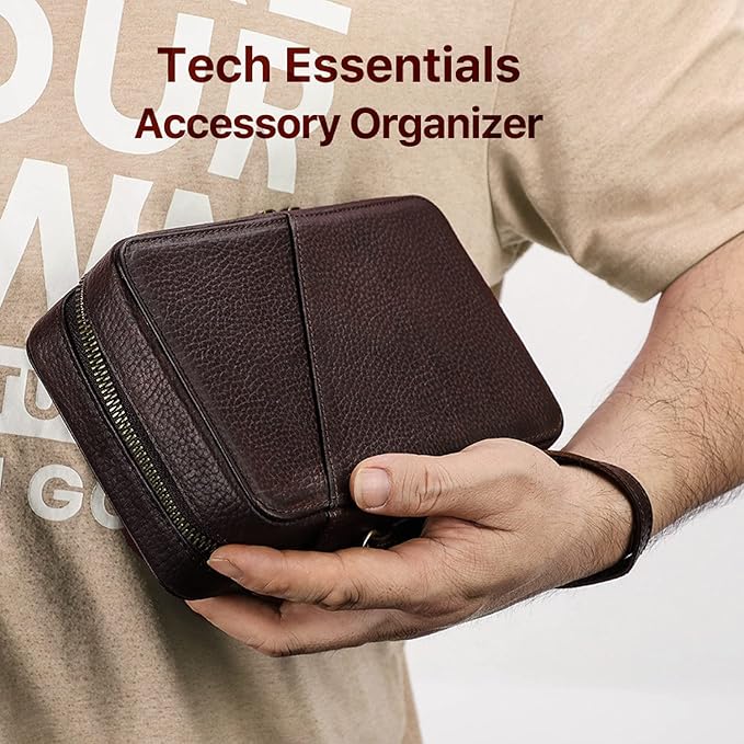Top Grain Leather Text Custom Electronic Organizer Zipper Bag Tech Pouch - Image 6