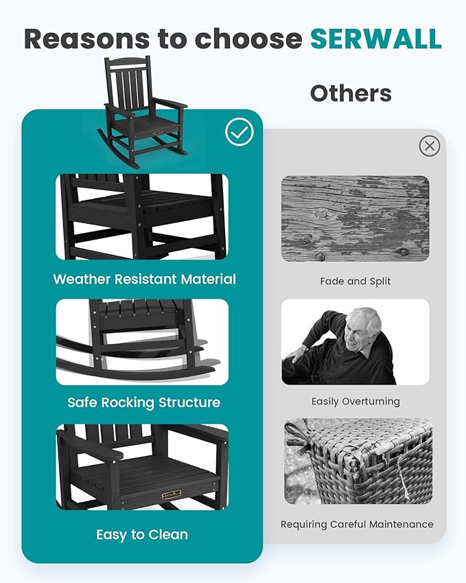 SERWALL Outdoor Rocking Chair, HDPE Patio Rocking Chair All-Weather Porch Rocker - Image 6