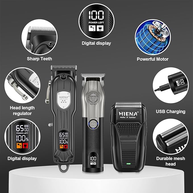 HIENA PRO Hair Clippers for Men Professional Cordless Hair Clippers Electric Beard Trimmer and Foil Shaver Set Home Hair Cutting Kit Type-C Rechargeable for Barber Clippers with LED Display