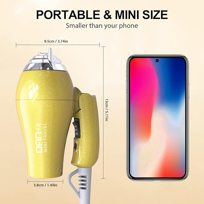 Mini Portable Hair Dryer 1200W, Travel-Friendly, Dual Voltage 125/250V, 2 Speed Settings, Foldable, Lightweight, Two Concentrator & Diffuser Nozzles, Removable Filter