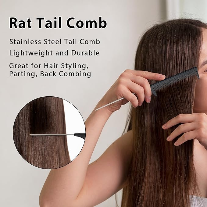 Hair Brush Set, Hair Brushes for Women Men kid Wet Dry All Hair Detangling Parting Styling, Brush Set with Detangler Brush, Edge Brush, Teasing brush, Rat Tail Comb (Black)