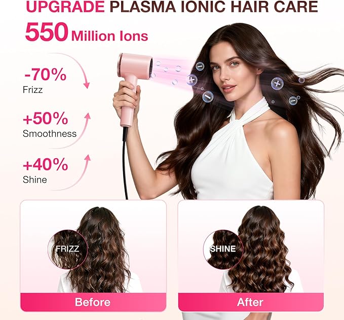 High-Speed Hair Dryer 1875W Ionic & Plasma, Blow Dryer with Diffuser & Comb Nozzle for Curly or Thick Hair, Compact 110000 RPM Fast Drying Lightweight Hair Dryer for Women with Concentrator, Pink