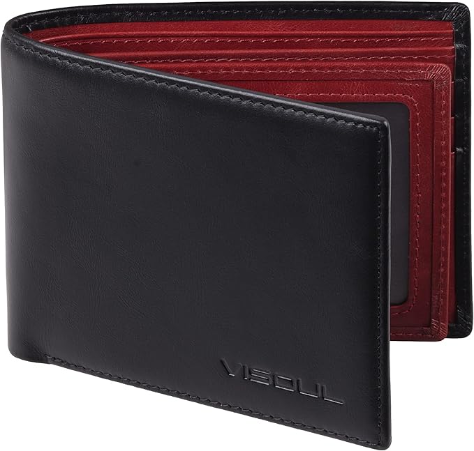 VISOUL Mens Bifold Wallet with 2 ID Windows and 2 Money Compartments, Genuine by VISOUL