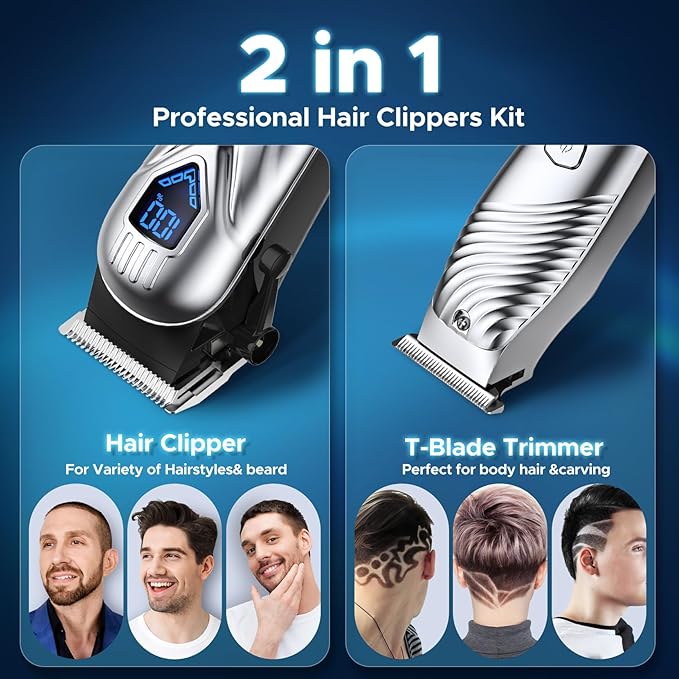 Chicclly Hair Clippers for Men&Women Professional, Low Noise Cordless Hair Cutting Kit with 10 Color Combs, LED Display, Men Gifts, 5H Beard Trimmer Barber Hair Clippers Set with Scissors,Cape (Kit)