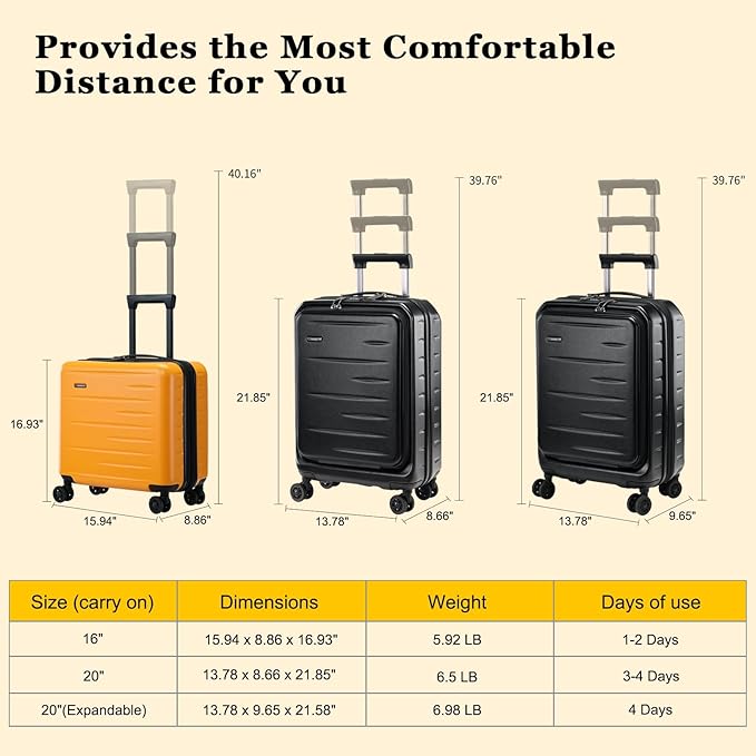 16 Inch Carry On Luggage Airline Approved, Expandable Lightweight ABS+PC Hard - Image 9