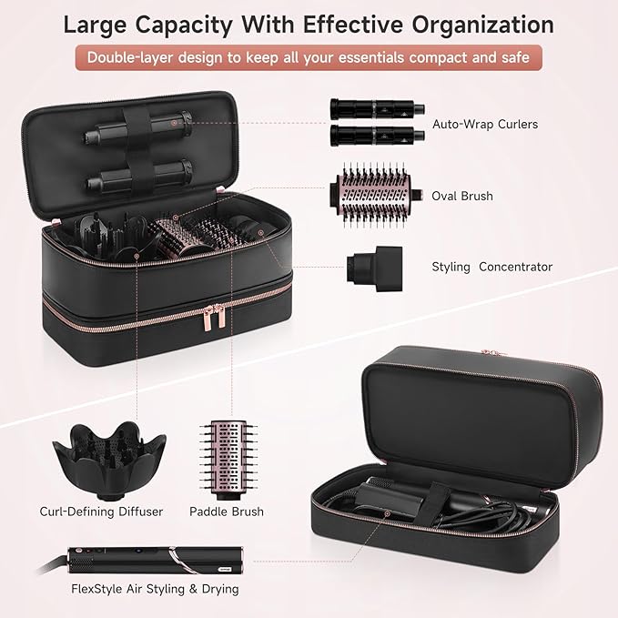 Travel Hair Dryer Case for Shark Flexstyle, Double-Layer Carrying Case for Shark Flex Style Blow Dryer, Portable Hair Tools Storage Organizer Bag for Shark Beauty Hairdryer Attchments(Black Rose Gold)