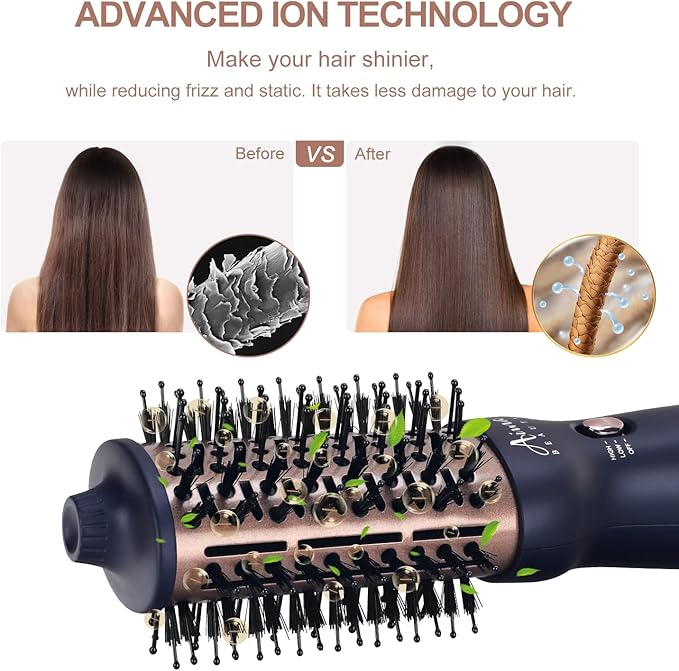 Aima Beauty Worldwide Travel Hair Dryer Brush 110-240V Dual Voltage Blow Dryer Brush Hot Air Brush Oval Barrel 360° Hot Airflow, Negative Ionic Frizz-Free Dry/Straightening/Voluming,Prussian Blue