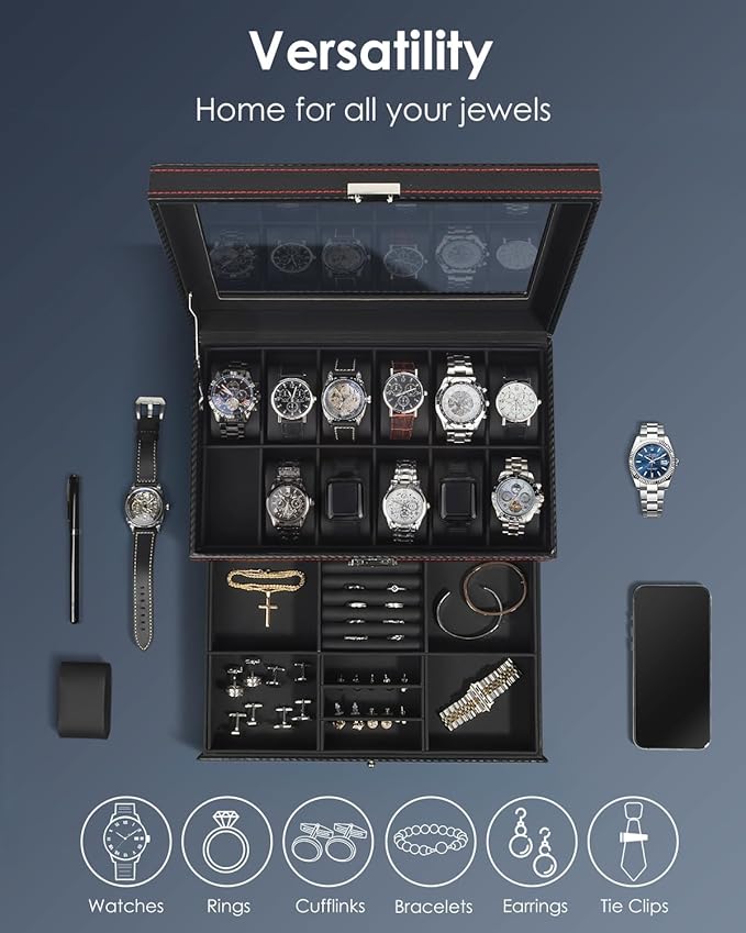 Watch Box Jewelry Organizer, 12-Slot 2-Layer Watch Case Storage - Image 4