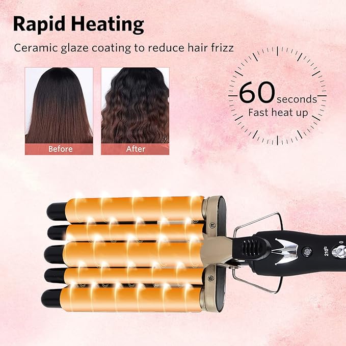5 Barrel Curling Iron Wand 0.6 Inch Hair Crimper Waver Portable Two Temperature Setting Ceramic Hair Curler Curling Iron