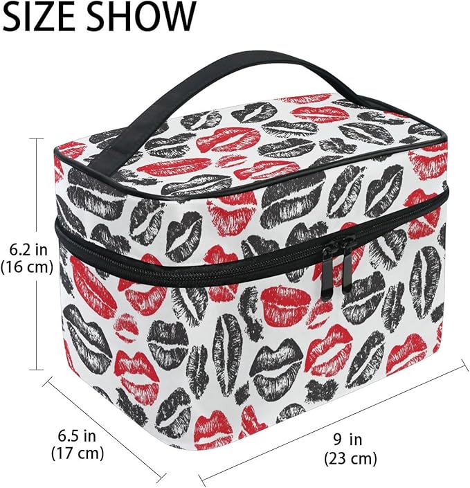 Makeup Train Case Valentines Lips Mouth Pattern Carrying Portable Zip Travel Cosmetic Brush Bag Organizer Large for Women