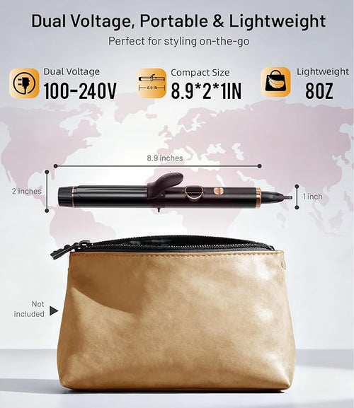 1 Inch Mini Travel Curling Iron, 100-240V Travel Dual Voltage Curling Iron for Short Hair with 5 Heat Settings, Small Curling Wand with Temperature Memories and Lock, Rose Gold