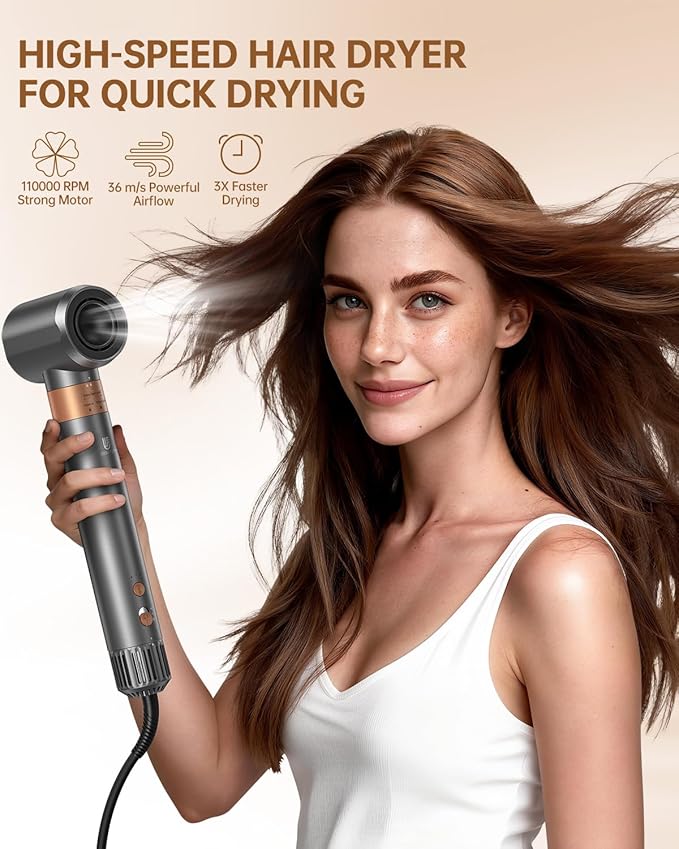 Hair Dryer Brush, webeauty 5 in 1 Professional Hot Air Styling, High-Speed Negative Ionic Hair Dryer Fast Drying, Multi Hair Styler with Air Curling Iron, Volumizing, with Carrying Case (Grey Gold)