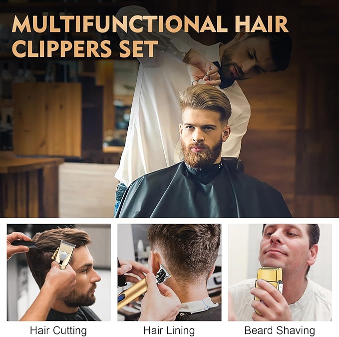 Hair Clippers for Men Professional, Cordless Beard Trimmer & Electric Shavers for Men, Mens Hair Clippers and Trimmer Kit for Barber with Case, Gold