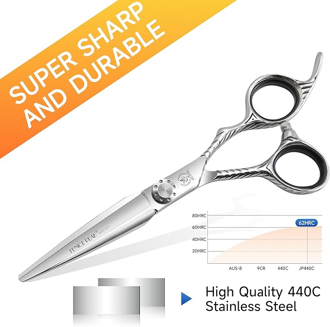 Fenice Peak Straight Hair Cutting Scissors 6.0'' Barber Haircut Shears with Sharp Razor Edge 440C Hair Scissors with Engraving Handle for Salon and Home User
