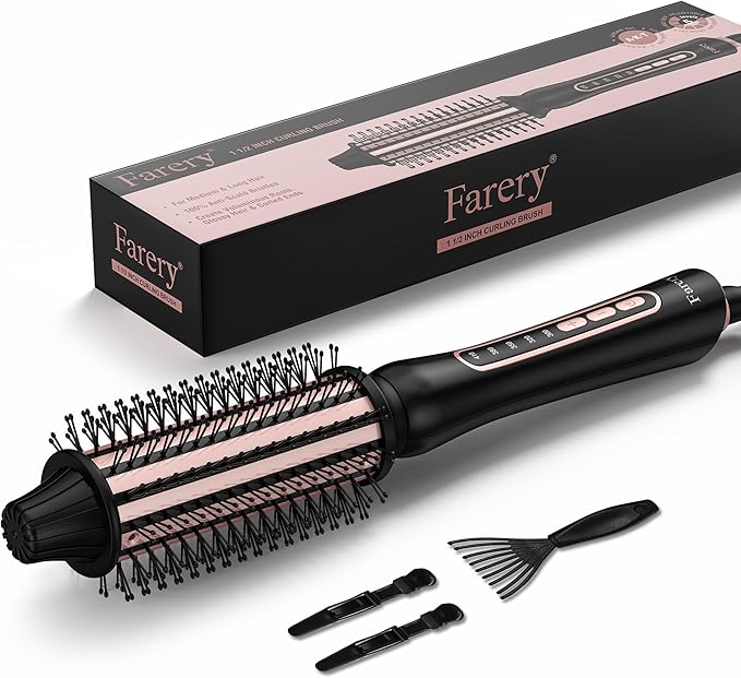 Farery Thermal Brush 5 Adjustable Temps, 1.5 Inch Hot Curling Brush for Big Bouncy Curls, Non-Blowing Heated Round Brush, Ceramic Curling Wand for Medium & Long Hair, Dual Voltage for Travel