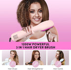 Longyu 3 in 1 Hair Dryer Brush Straightener 1200W Negative Ionic Hot Air Brush One Step Blow Dryer and Styler for Straightening Drying Smoothing (Pink)