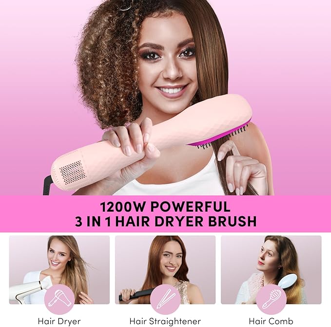Longyu 3 in 1 Hair Dryer Brush Straightener 1200W Negative Ionic Hot Air Brush One Step Blow Dryer and Styler for Straightening Drying Smoothing (Pink)