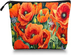 Cosmetic Bags Travel Makeup Toilet Case Waterproof Pouch for Women Girls 6.7X9.45inches - Vibrant Orange Poppies With Greenery