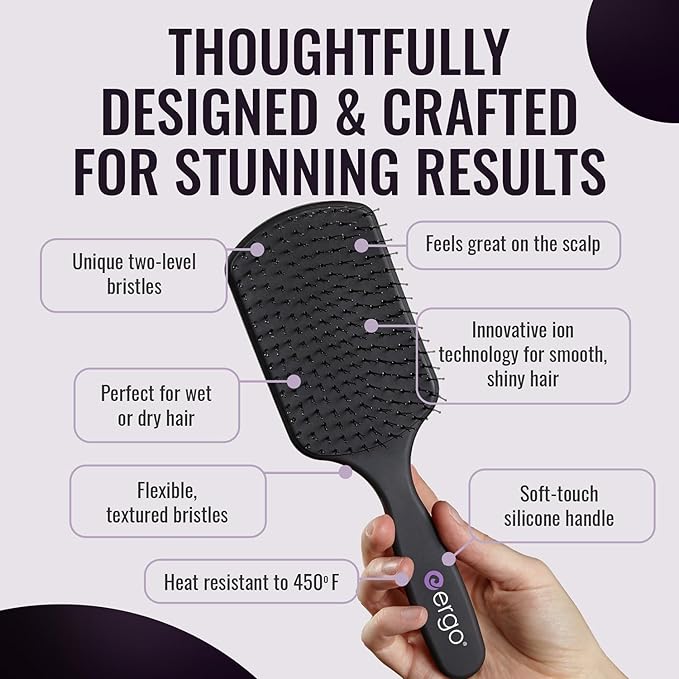 ERGO Super Gentle Large Paddle Brush for Blow Drying - Hair Brushes for Women with Thick or Thin Hair - Dual Hairbrush for Women - Detangler Hair Brush - Gently Detangles Curly or Wet Hair - ERG1000