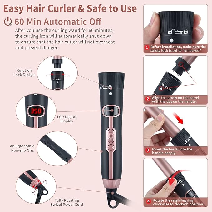6 in 1 Hair Wand Curling Iron，0.35 to 1.25 inches with LCD，Form 140°F to 430°F in increments of 10°F, 110v-220V for Global use Includes Gloves and 2 Hair Clips.