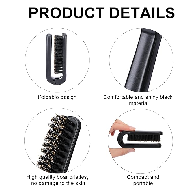 Foldable Boar Bristle Hair Brush, 2 Pcs Travel Folding Collapsable Pocket Size Brush for Women, Anti-Static Range Styling Tool Mini Beard Brush for Men (Black & Gold)