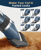 oneisall Quiet Cat Clippers for Matted & Long Hair, 2-Speed Cordless Pet Shaver Grooming Kit for Cats, Small Dogs & Animals (Blue)