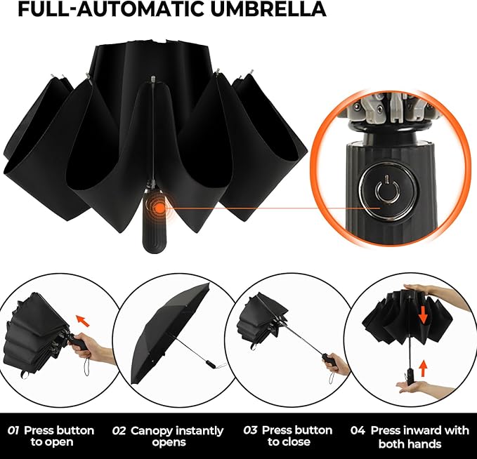 Compact Inverted Travel Umbrella, Automatic Open Close, 9-Rib 46 Inch Windproof - Image 5