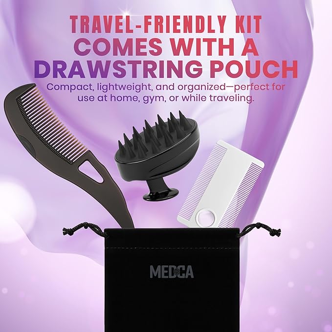 Dandruff Comb and Scalp Massager Set - (4 Piece Set) Exfoliating Hair Tool Kit with Fine Tooth Comb, Silicone Scrubber, Travel Case - Flake & Buildup Removal for Men, Women, Kids - All Hair Types