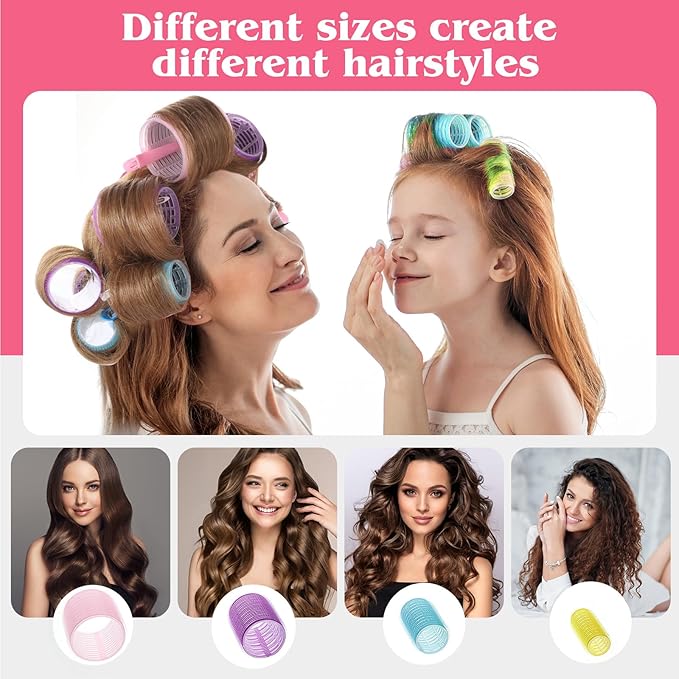 4 Sizes Self-Grip Hair Rollers Set - 50 Pcs with Clips in 4 Colors, Jumbo Rollers for Long, Short Hair and Bangs (25mm, 36mm, 48mm, 60mm)