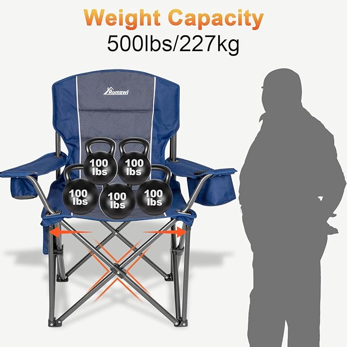 Romswi Oversized Camping Chairs, Heavy Duty Support 500 LBS, Padded Back & Arm - Image 5