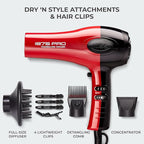 KISS 1875 Watt Pro Tourmaline Ceramic Hair Dryer, Styling Edition, 3 Heat Settings, 2 Speed Settings, Cool Shot Button, 7 Blow Dryer Accessories Included, 2-Year Warranty - Red