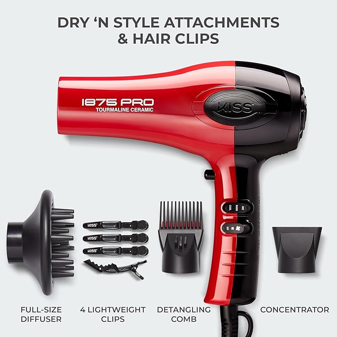 KISS 1875 Watt Pro Tourmaline Ceramic Hair Dryer, Styling Edition, 3 Heat Settings, 2 Speed Settings, Cool Shot Button, 7 Blow Dryer Accessories Included, 2-Year Warranty - Red