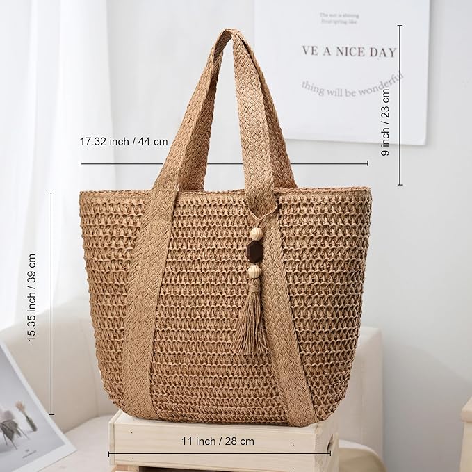Straw Beach Bags for Women Woven Beach Tote Bag Casual Boho Large Shoulder - Image 4