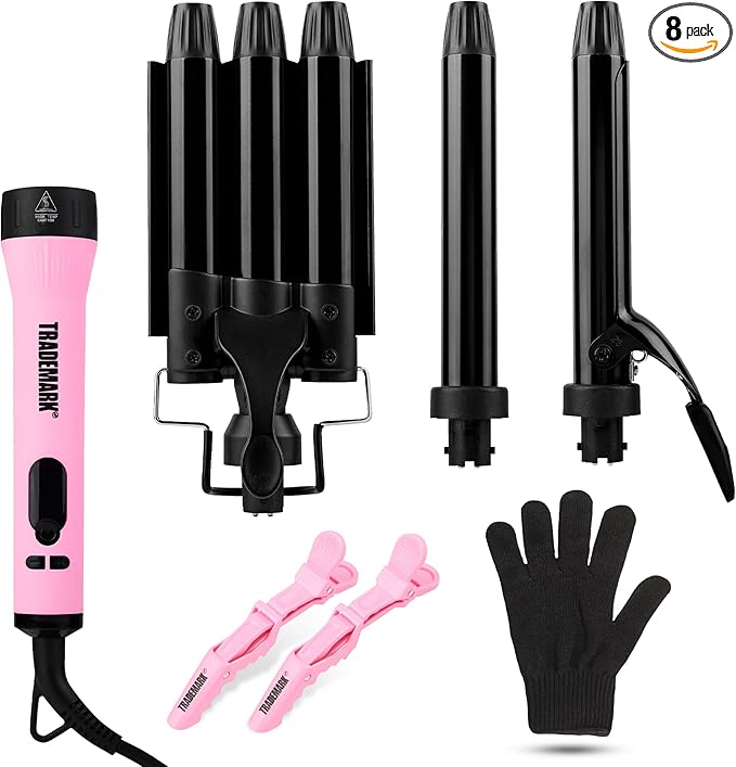 Trademark Beauty Interchangeable Iron Styling Kit - 3 in 1 Curling Iron, Hair Waver, and Curling Wand, Hair Styling Tool, 1 Inch Barrels, Mood - Pink/Black